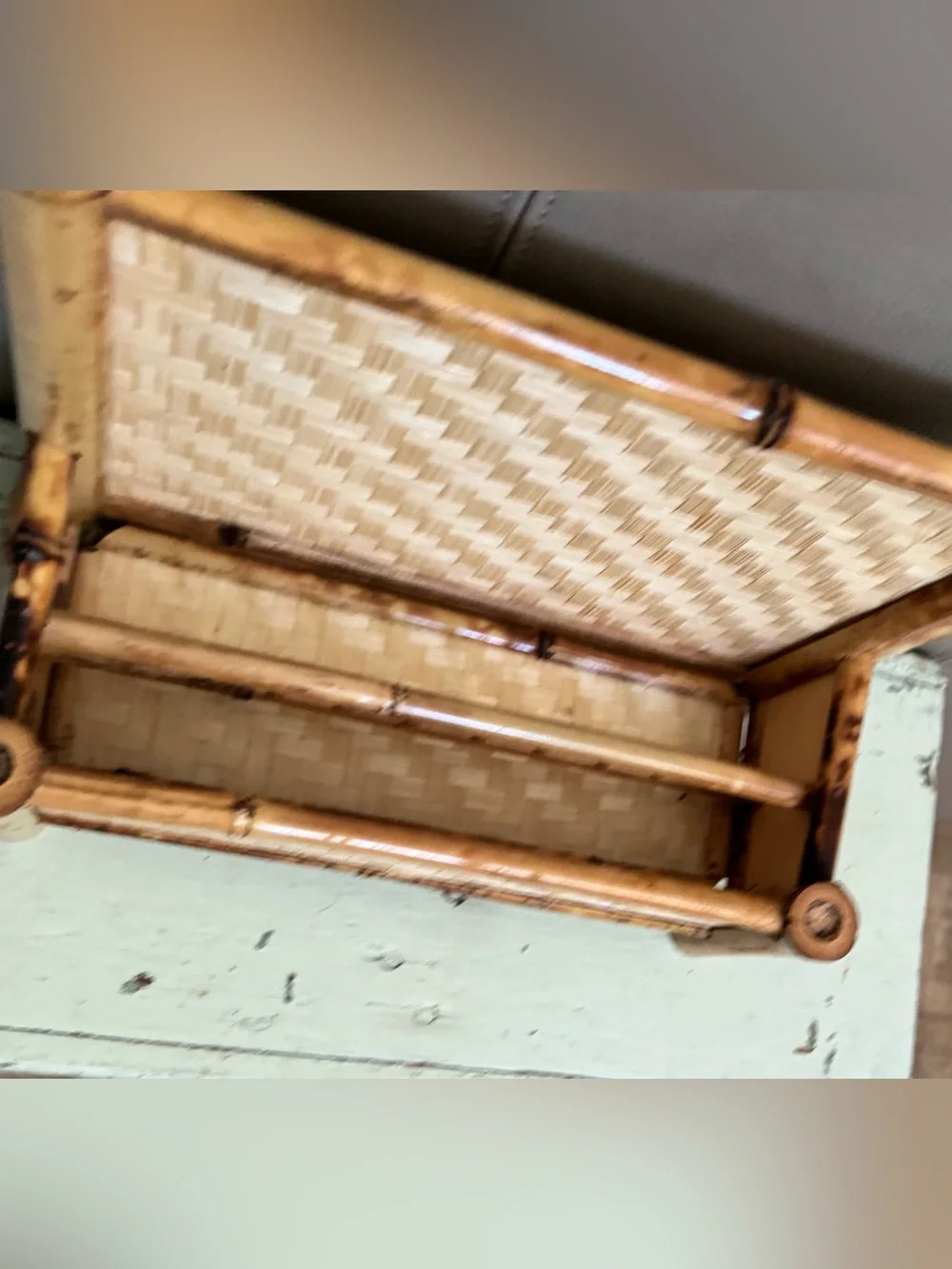Vintage Burnt Tortoise/Tiger Bamboo Woven Rattan Bench Boho Mail Holder